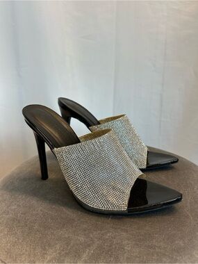 Wild Diva Crystal Rhinestone Embellished Black Slide high Heels Sz 9